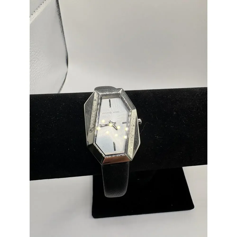 Michael Kors Watch Silver Geometric Case Black Leather Strap